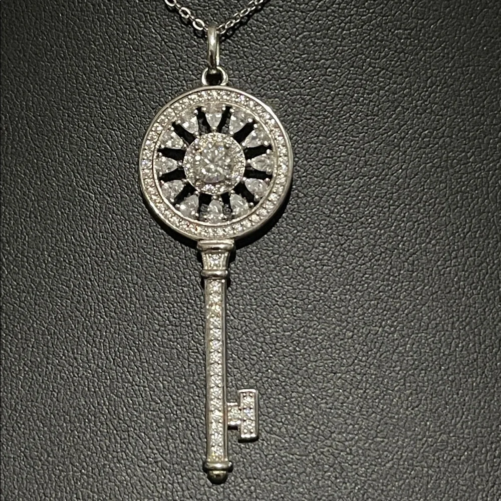 NWT Solid Silver 925 Key Pendant Moissanite and CZ Necklace 17” - Picture 3 of 10